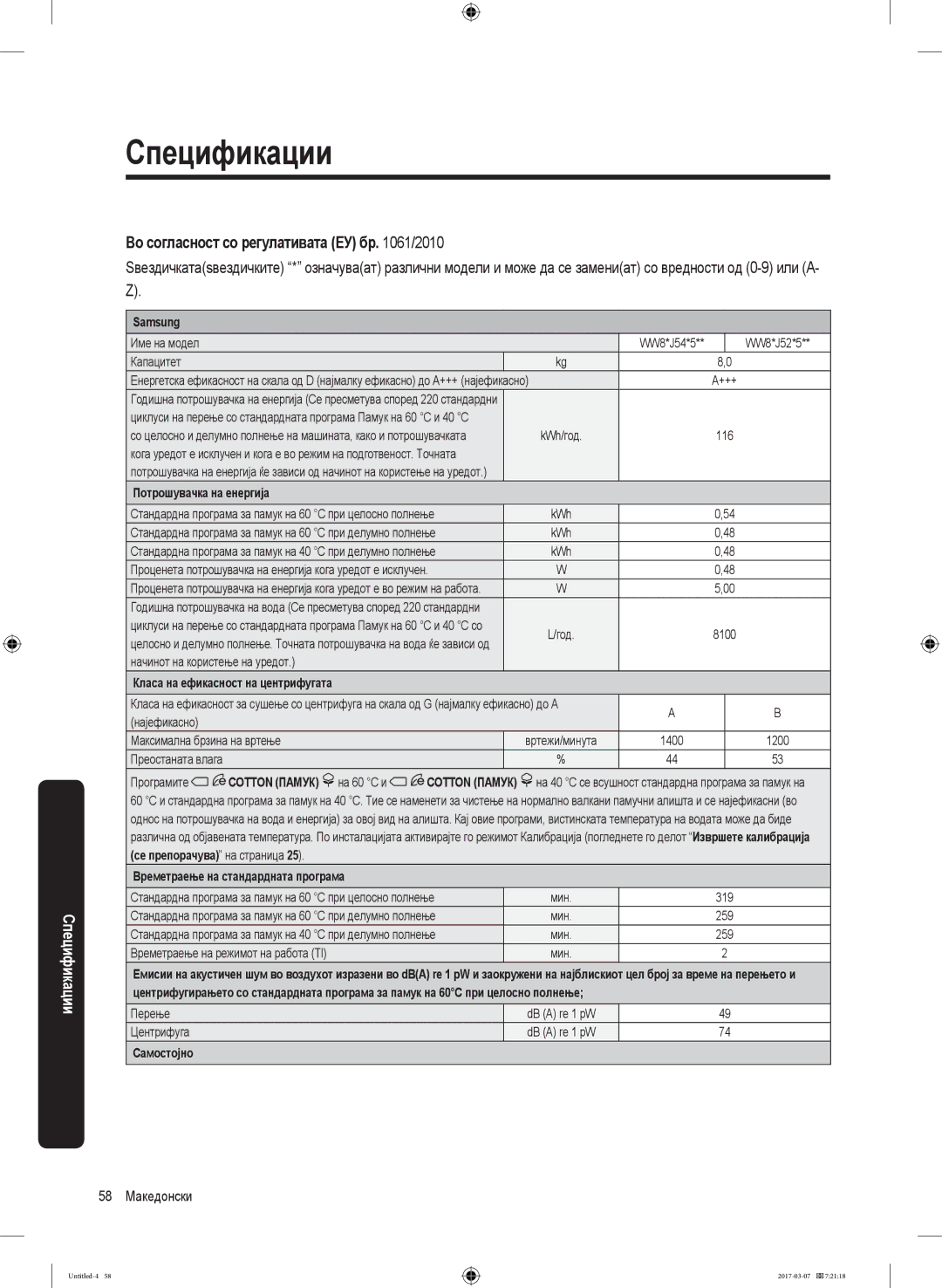 Samsung WW80J5355FW/AD, WW70J5355FW/AD, WW70J5355MW/AD, WW80J5345FW/LE Во согласност со регулативата ЕУ бр /2010, Samsung 