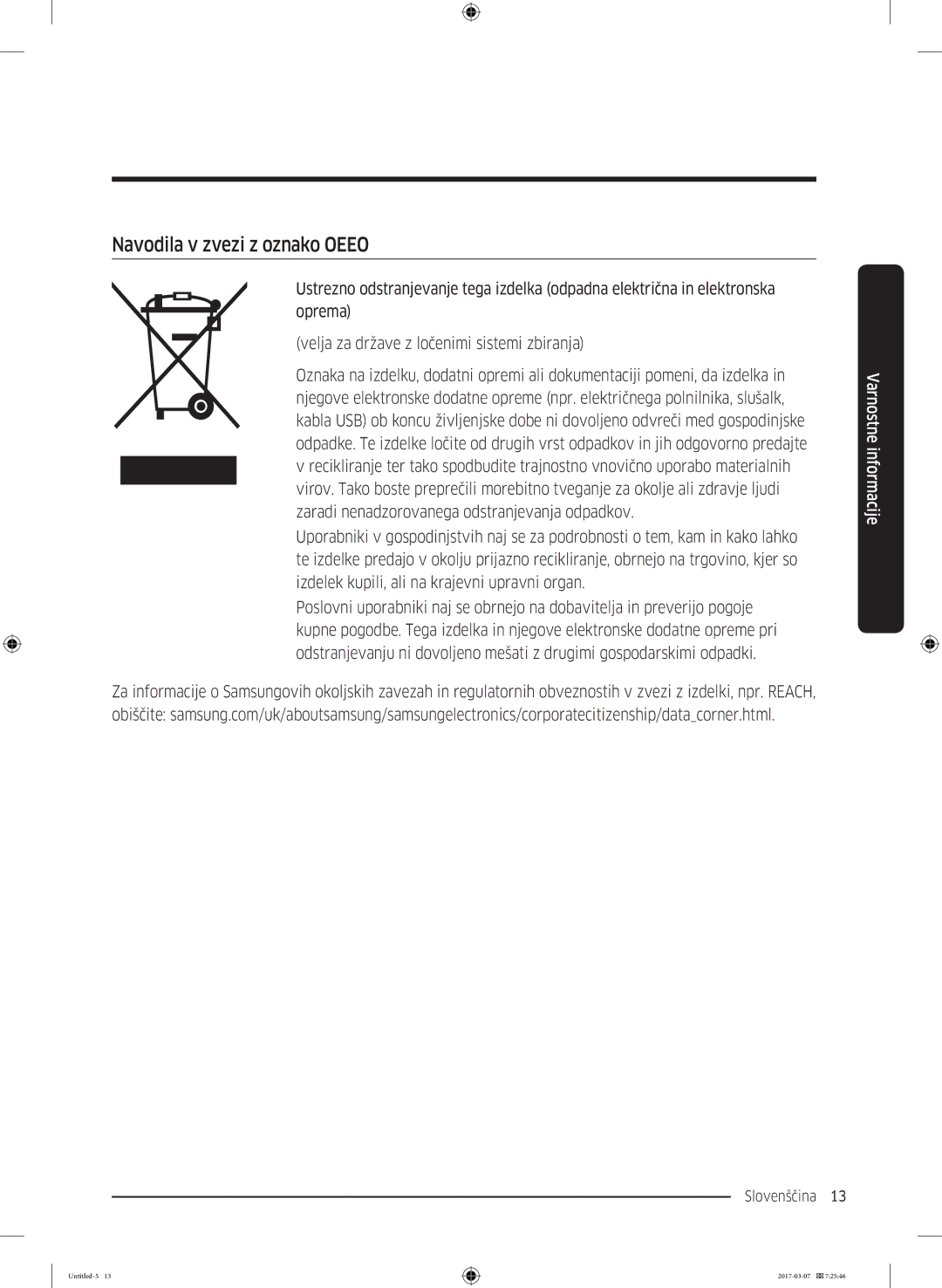 Samsung WW70J5345FW/LE, WW70J5355FW/AD, WW70J5355MW/AD, WW80J5345FW/LE, WW70J5345MW/LE manual Navodila v zvezi z oznako Oeeo 