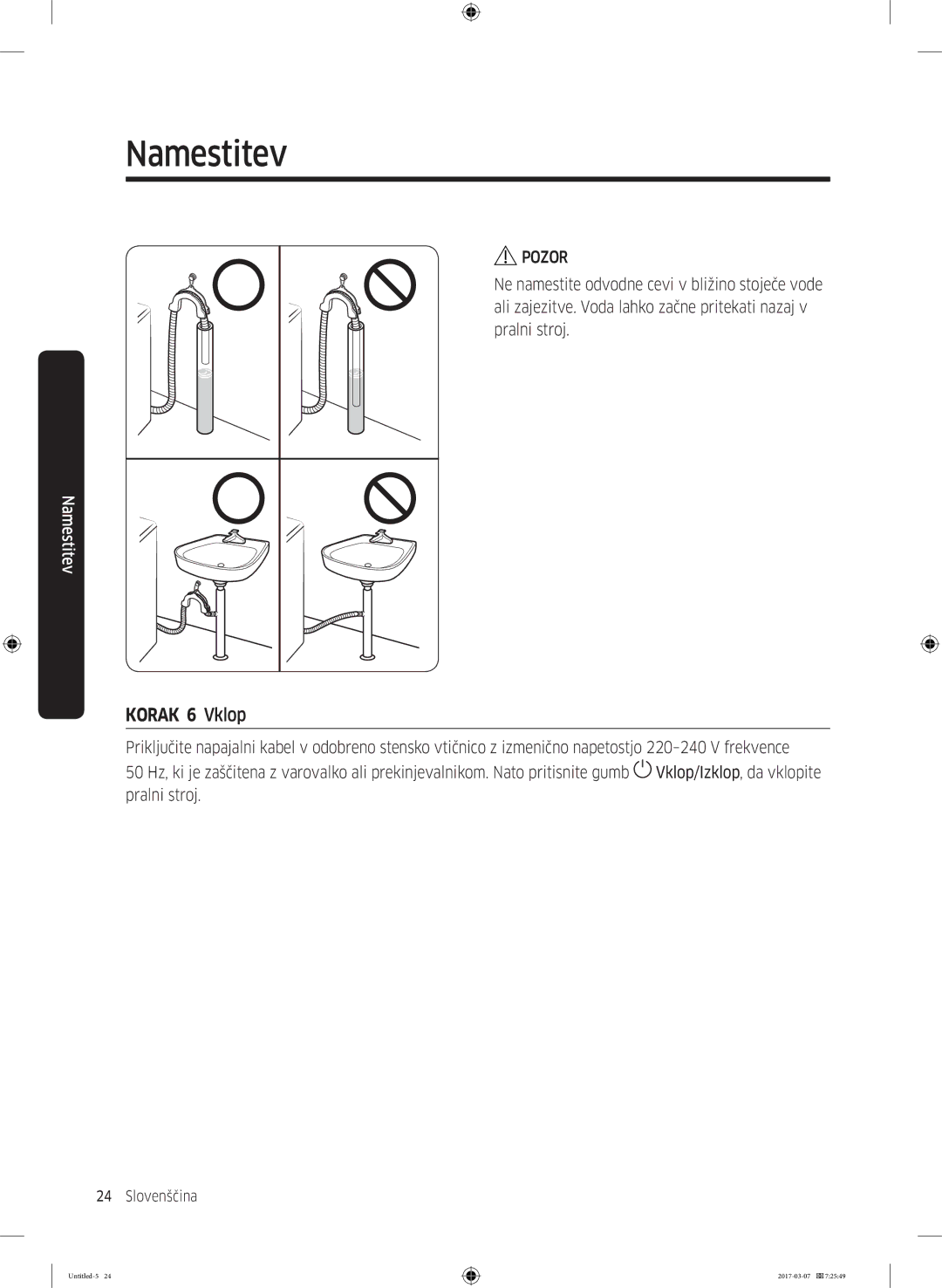 Samsung WW70J5355FW/AD, WW70J5355MW/AD, WW80J5345FW/LE, WW70J5345MW/LE, WW80J5345MW/LE, WW80J5545FW/LE manual Korak 6 Vklop 