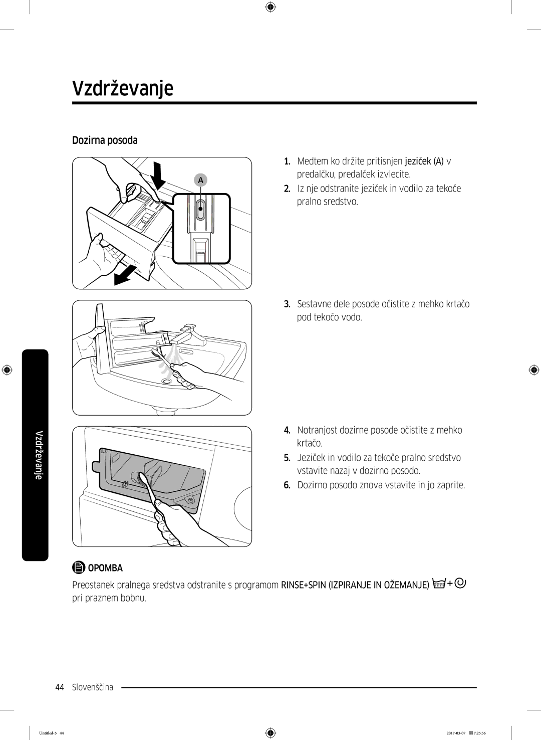 Samsung WW80J5345FW/LE, WW70J5355FW/AD, WW70J5355MW/AD, WW70J5345MW/LE, WW80J5345MW/LE, WW80J5545FW/LE manual Dozirna posoda 