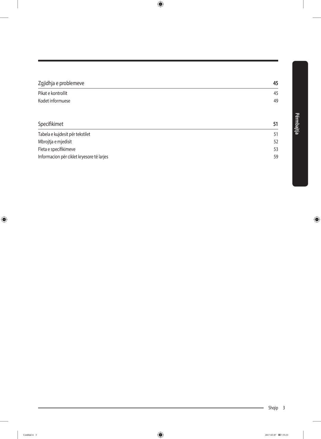 Samsung WW70J5345FW/LE, WW70J5355FW/AD manual Zgjidhja e problemeve, Specifikimet, Pikat e kontrollit Kodet informuese 