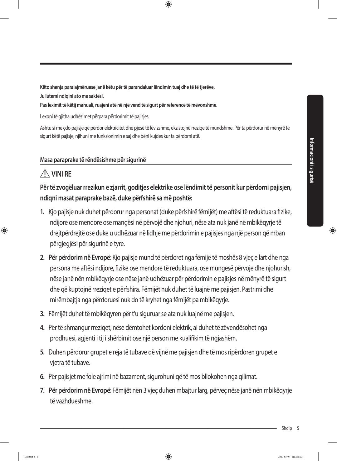 Samsung WW70J5355FW/AD, WW70J5355MW/AD, WW80J5345FW/LE, WW70J5345MW/LE manual Masa paraprake të rëndësishme për sigurinë 