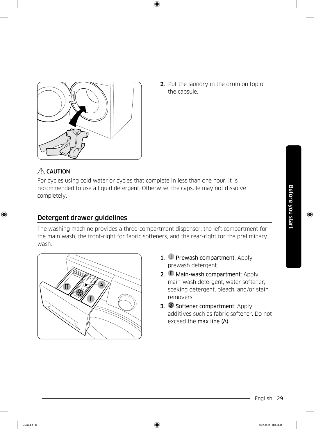 Samsung WW80J5345FW/LE, WW70J5355FW/AD, WW70J5355MW/AD, WW70J5345MW/LE, WW80J5345MW/LE manual Detergent drawer guidelines 