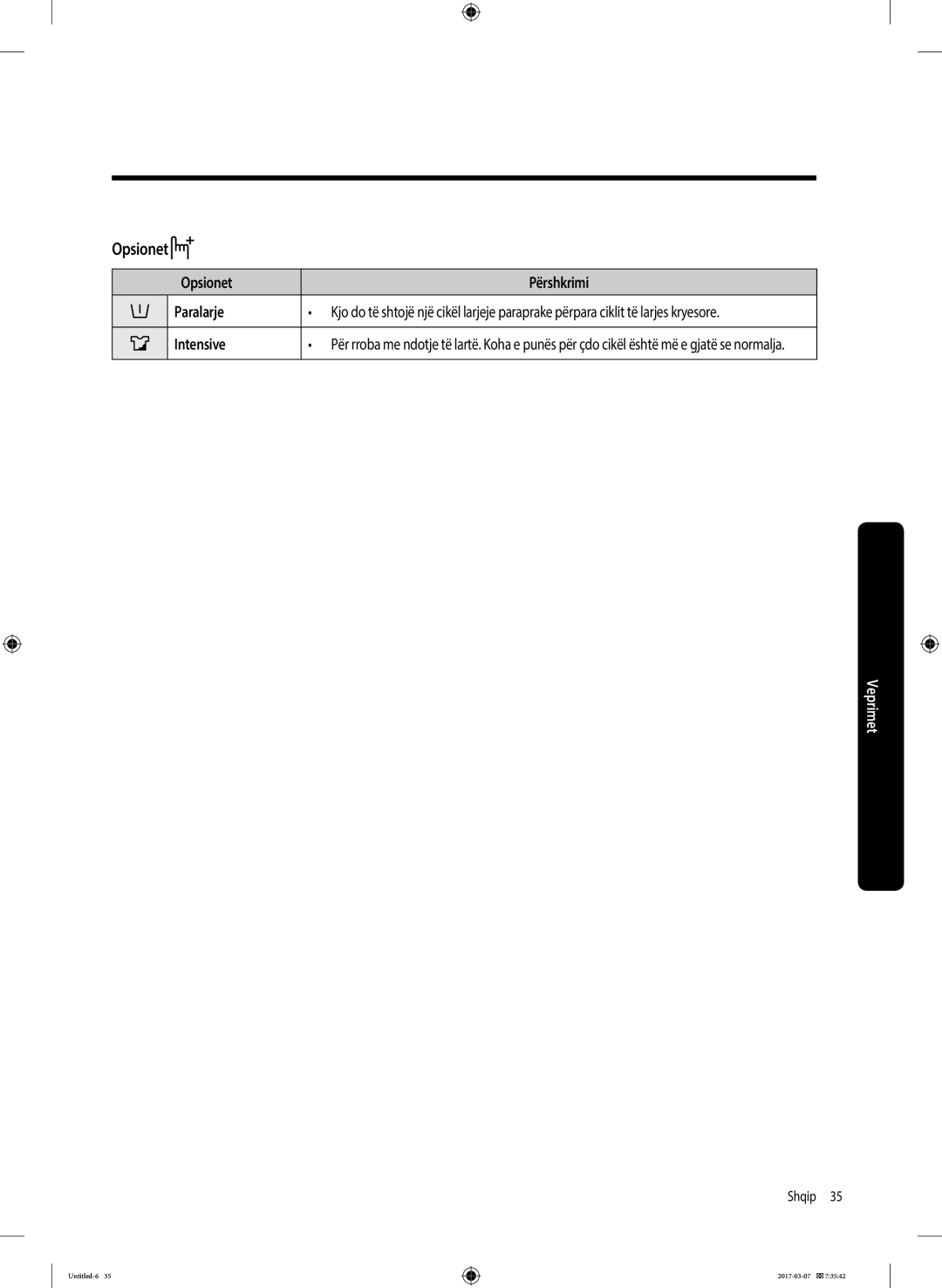 Samsung WW70J5345MW/LE, WW70J5355FW/AD, WW70J5355MW/AD, WW80J5345FW/LE manual Opsionet Përshkrimi Paralarje, Intensive 