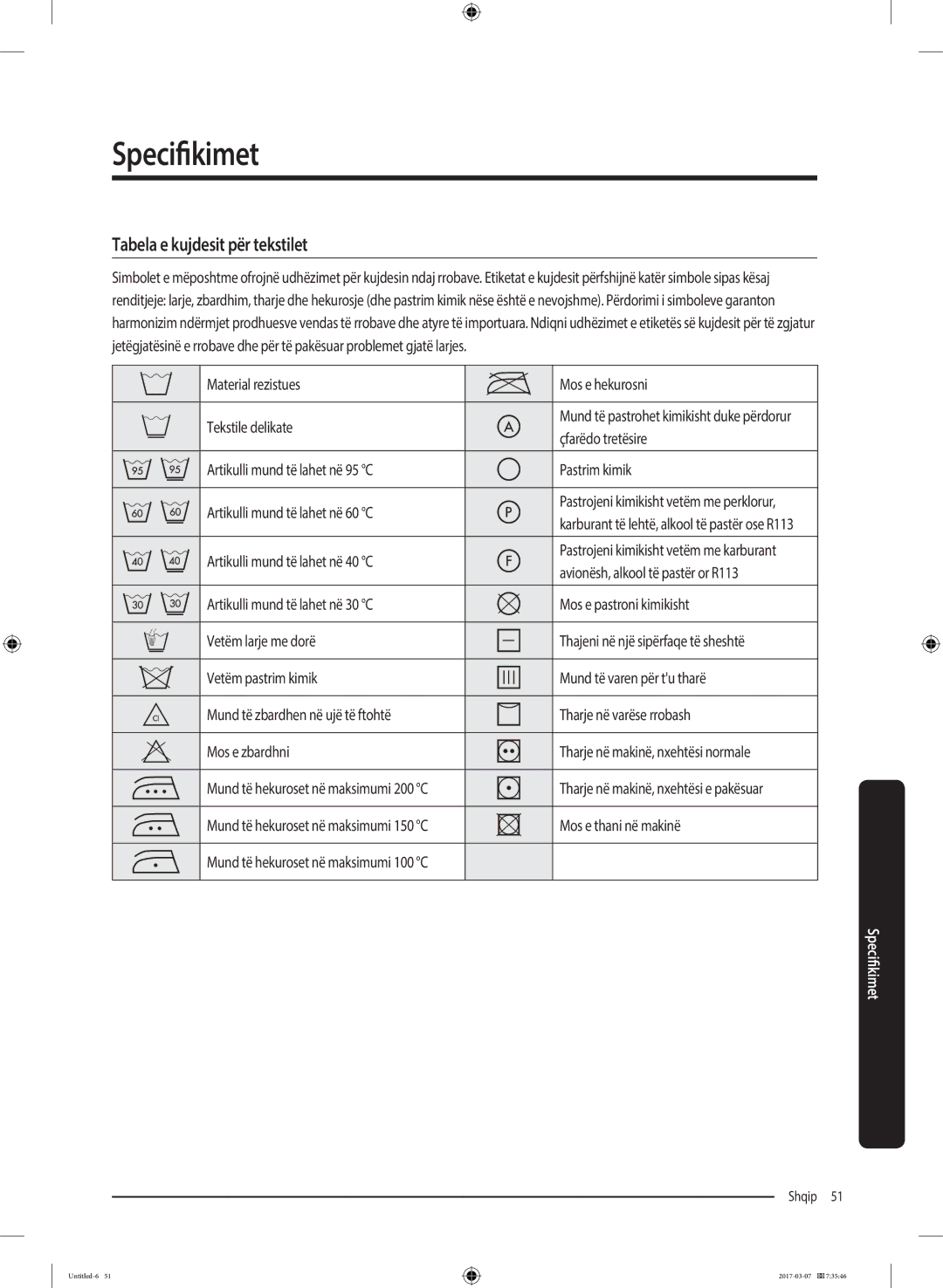 Samsung WW70J5355MW/AD, WW70J5355FW/AD, WW80J5345FW/LE, WW70J5345MW/LE, WW80J5345MW/LE manual Tabela e kujdesit për tekstilet 