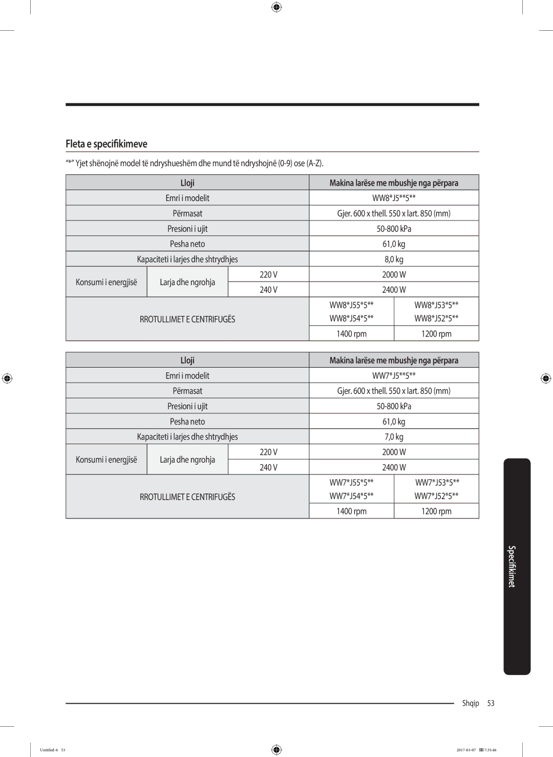 Samsung WW70J5345MW/LE, WW70J5355FW/AD, WW70J5355MW/AD, WW80J5345FW/LE, WW80J5345MW/LE manual Fleta e specifikimeve, Lloji 