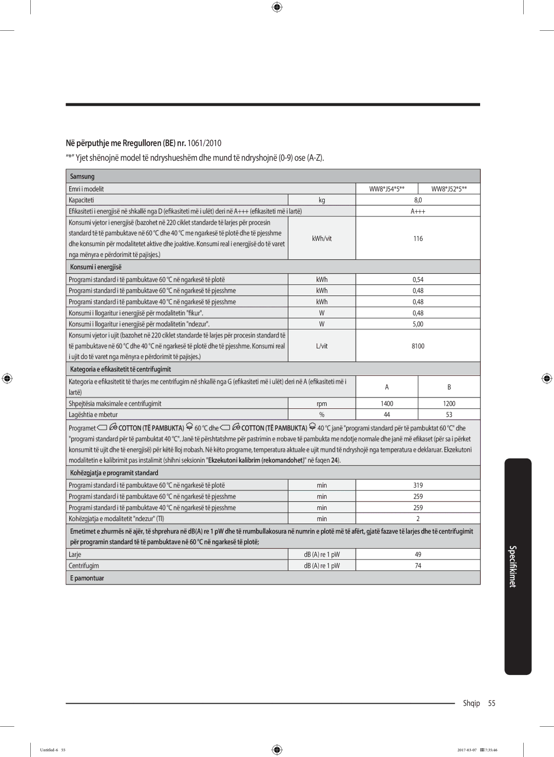 Samsung WW80J5545FW/LE, WW70J5355FW/AD, WW70J5355MW/AD, WW80J5345FW/LE Në përputhje me Rregulloren be nr /2010, Kapaciteti 