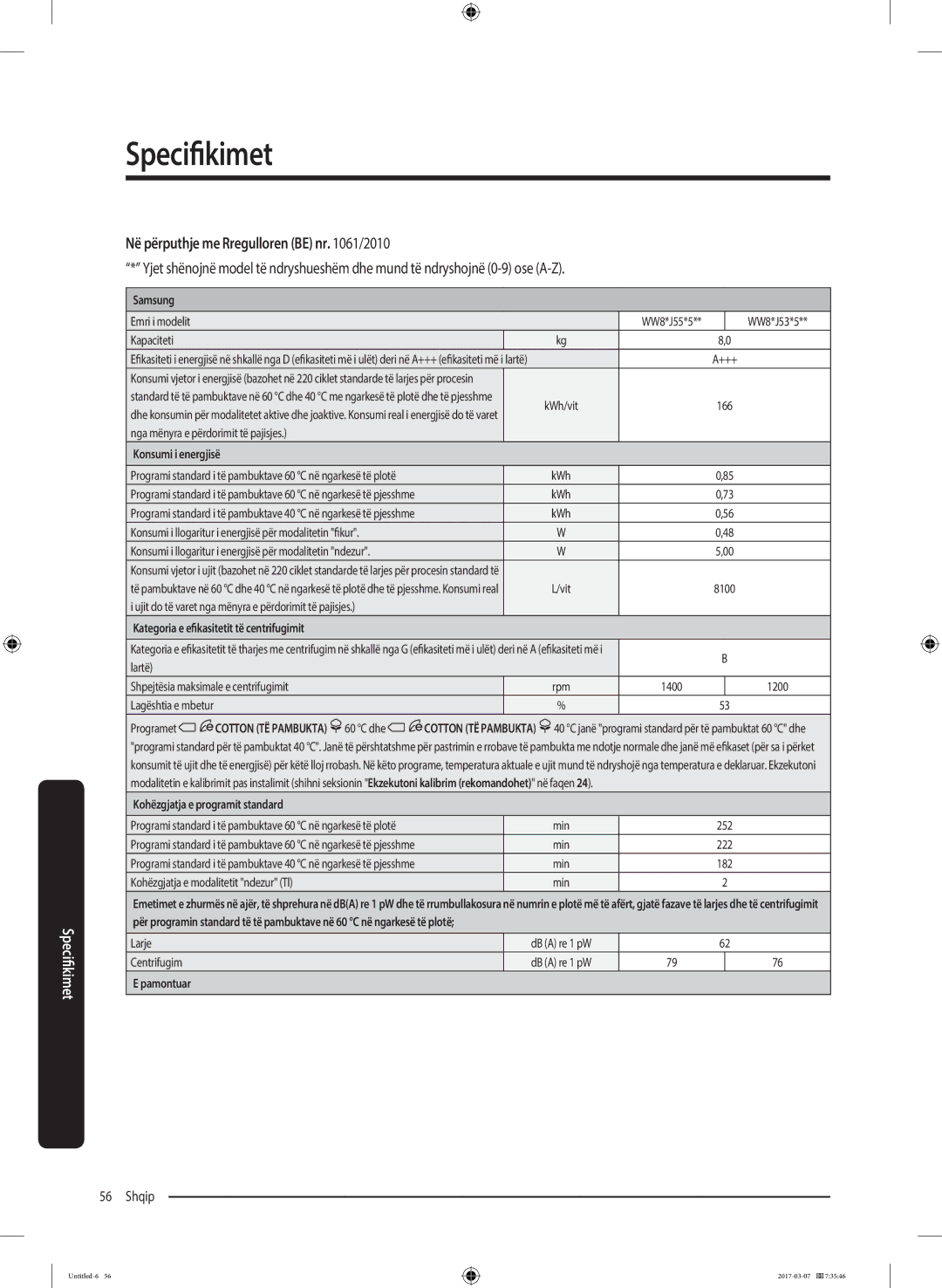 Samsung WW80J5355FW/AD, WW70J5355FW/AD, WW70J5355MW/AD, WW80J5345FW/LE, WW70J5345MW/LE manual Në ngarkesë të plotë Min 252 