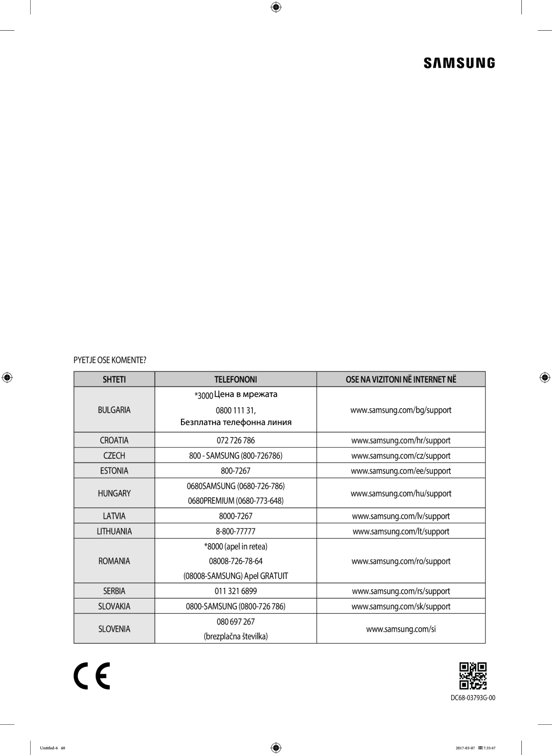 Samsung WW70J5355MW/AD, WW70J5355FW/AD, WW80J5345FW/LE, WW70J5345MW/LE, WW80J5345MW/LE, WW80J5545FW/LE manual Shteti Telefononi 