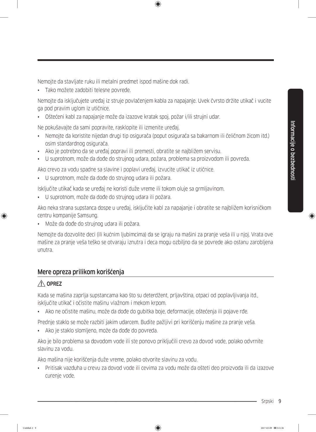 Samsung WW70J5355MW/AD, WW70J5355FW/AD, WW80J5345FW/LE, WW70J5345MW/LE, WW80J5345MW/LE manual Mere opreza prilikom korišćenja 