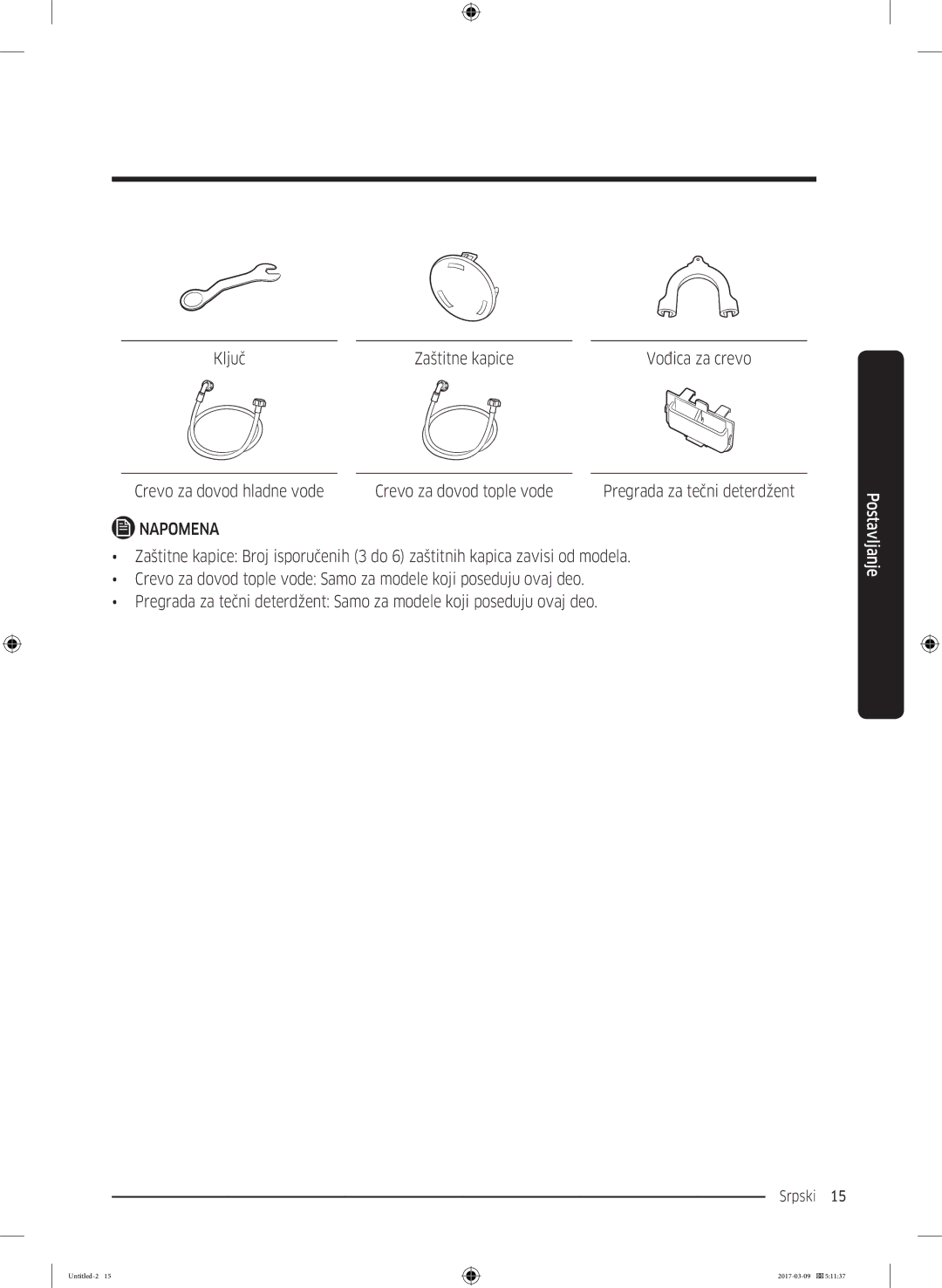 Samsung WW70J5345FW/LE, WW70J5355FW/AD manual Ključ Zaštitne kapice, Crevo za dovod hladne vode Crevo za dovod tople vode 