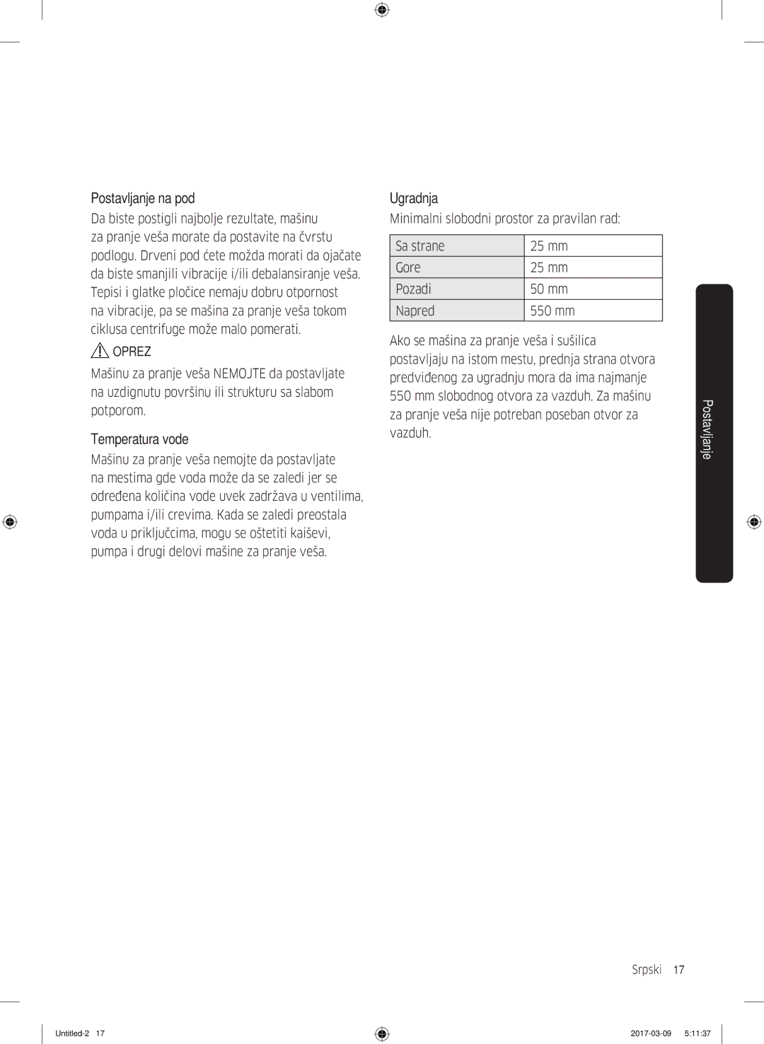 Samsung WW70J5355FW/AD, WW70J5355MW/AD, WW80J5345FW/LE, WW70J5345MW/LE, WW80J5345MW/LE manual Postavljanje na pod, Ugradnja 