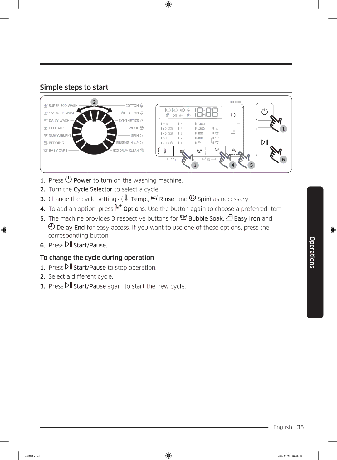 Samsung WW70J5545FW/LE, WW70J5355FW/AD, WW70J5355MW/AD manual Simple steps to start, To change the cycle during operation 