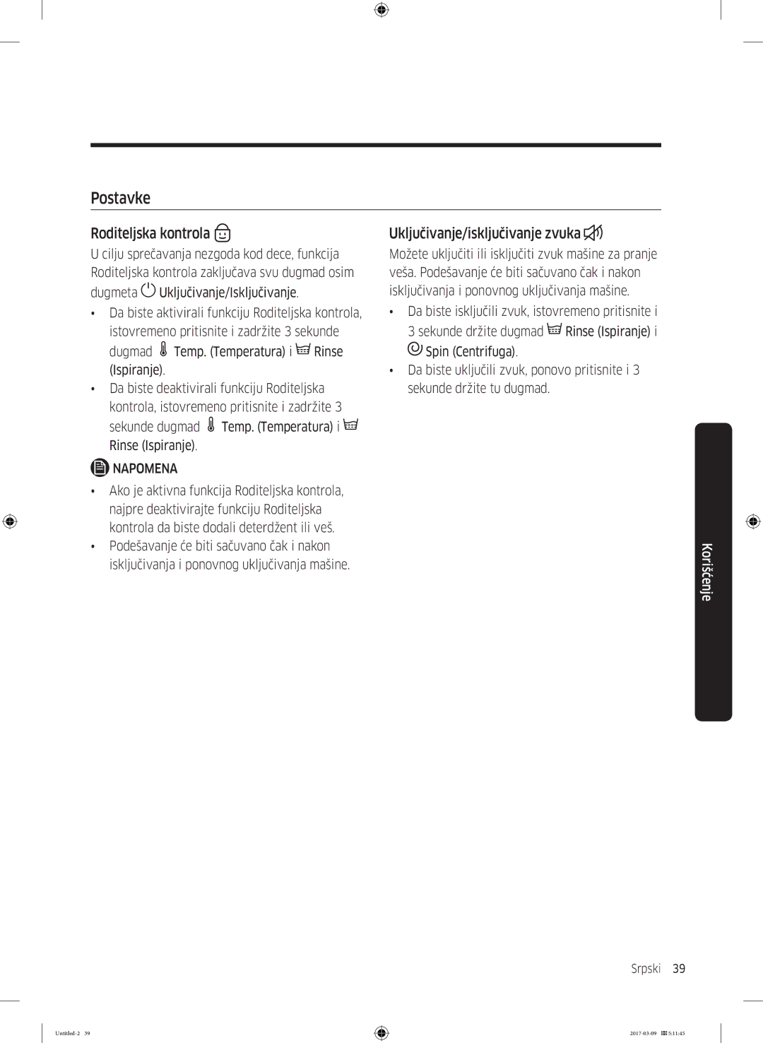 Samsung WW80J5345MW/LE, WW70J5355FW/AD, WW70J5355MW/AD, WW80J5345FW/LE, WW70J5345MW/LE manual Postavke, Roditeljska kontrola 