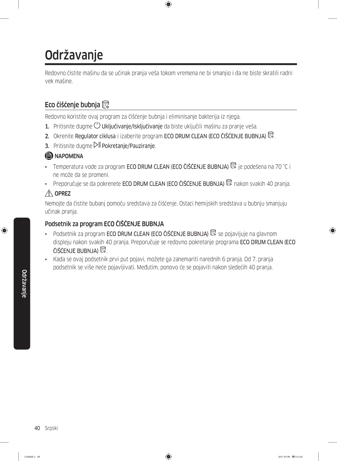 Samsung WW80J5545FW/LE, WW70J5355FW/AD, WW70J5355MW/AD manual Eco čišćenje bubnja, Podsetnik za program ECO Čišćenje Bubnja 