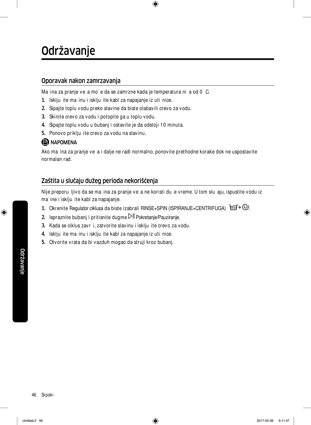 Samsung WW80J5345FW/LE, WW70J5355FW/AD manual Oporavak nakon zamrzavanja, Zaštita u slučaju dužeg perioda nekorišćenja 