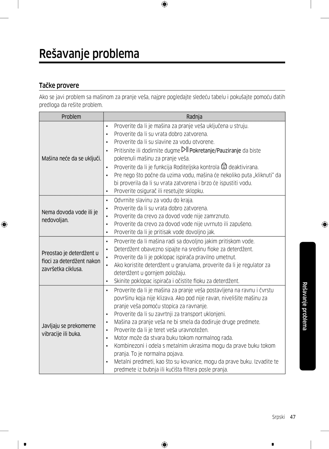 Samsung WW70J5345MW/LE, WW70J5355FW/AD, WW70J5355MW/AD, WW80J5345FW/LE, WW80J5345MW/LE manual Rešavanje problema, Tačke provere 