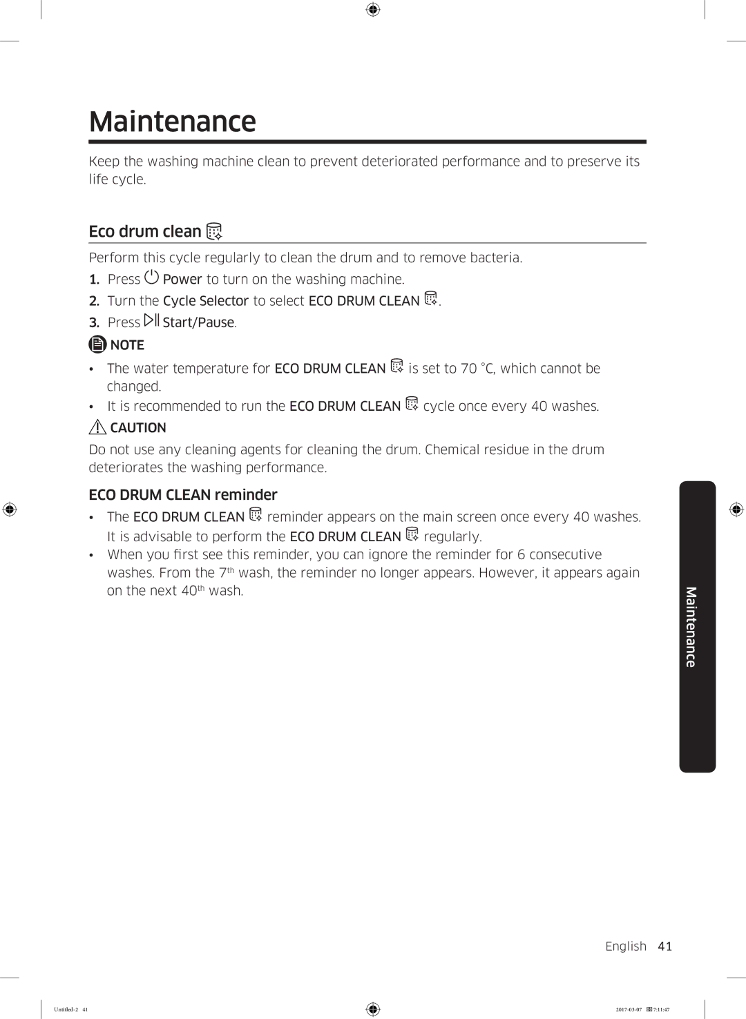 Samsung WW80J5545FW/LE, WW70J5355FW/AD, WW70J5355MW/AD, WW80J5345FW/LE Maintenance, Eco drum clean, ECO Drum Clean reminder 