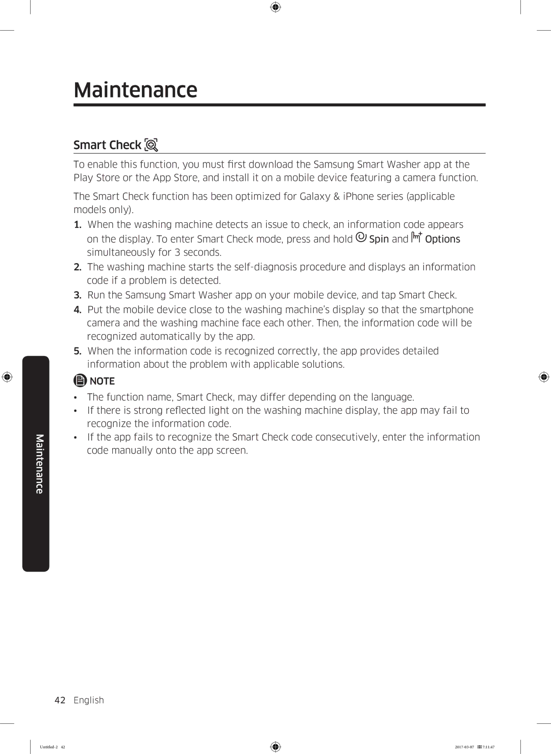 Samsung WW80J5355FW/AD, WW70J5355FW/AD, WW70J5355MW/AD, WW80J5345FW/LE, WW70J5345MW/LE, WW80J5345MW/LE manual Smart Check 