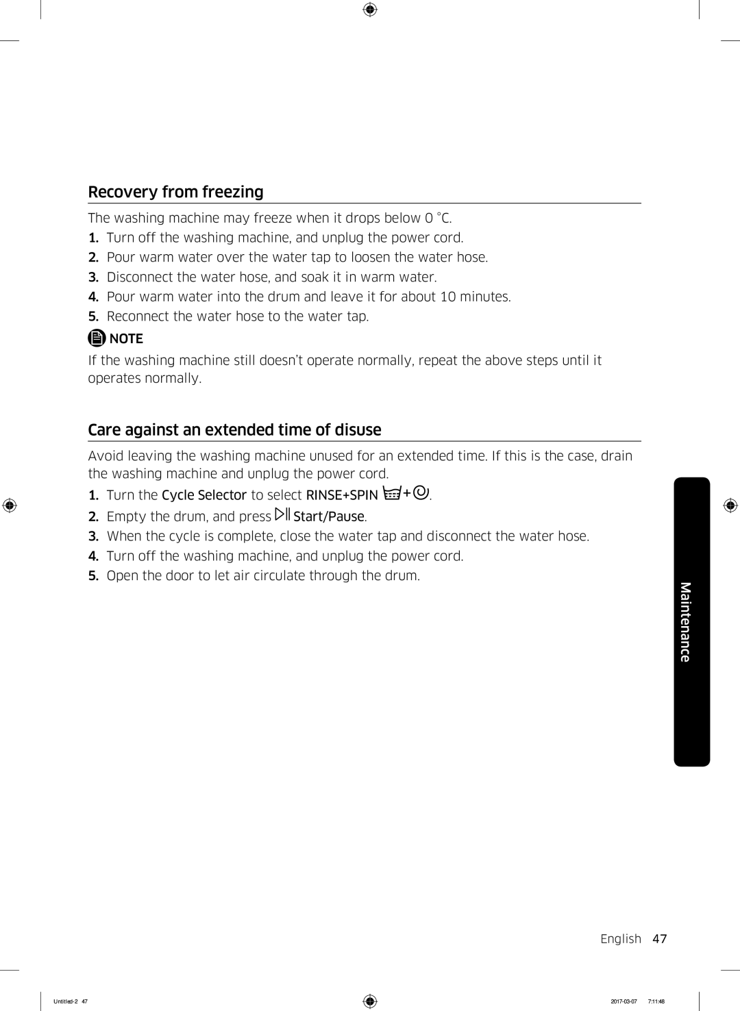 Samsung WW80J5345FW/LE, WW70J5355FW/AD, WW70J5355MW/AD manual Recovery from freezing, Care against an extended time of disuse 