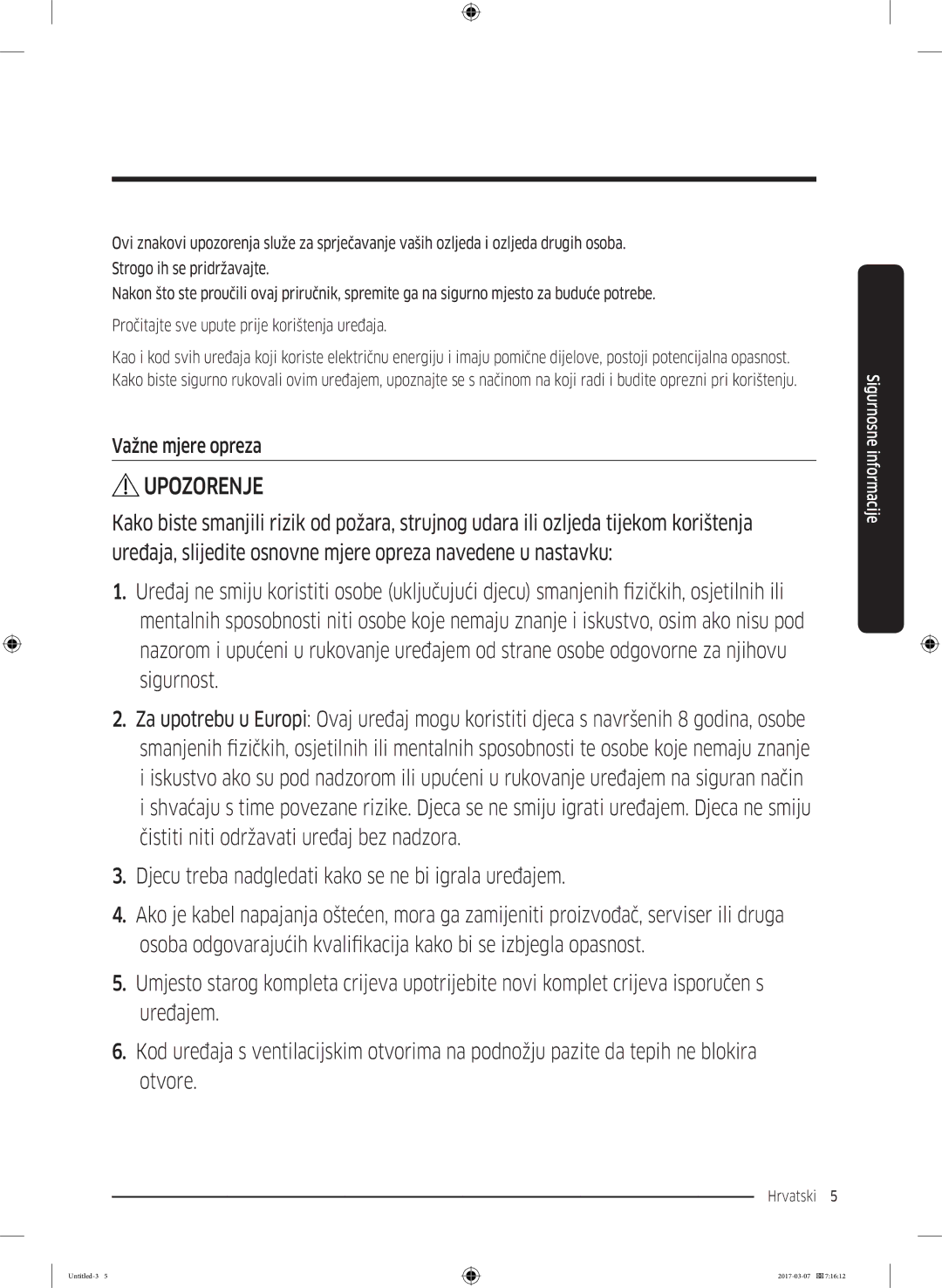 Samsung WW80J5355FW/AD, WW70J5355FW/AD, WW70J5355MW/AD, WW80J5345FW/LE, WW70J5345MW/LE manual Upozorenje, Važne mjere opreza 