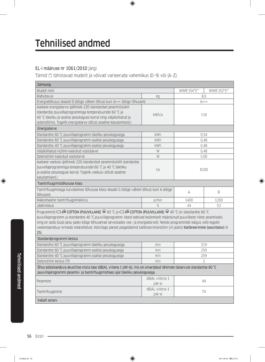 Samsung WW70J5355FW/AD, WW70J5355MW/AD manual Samsung Mudeli nimi 