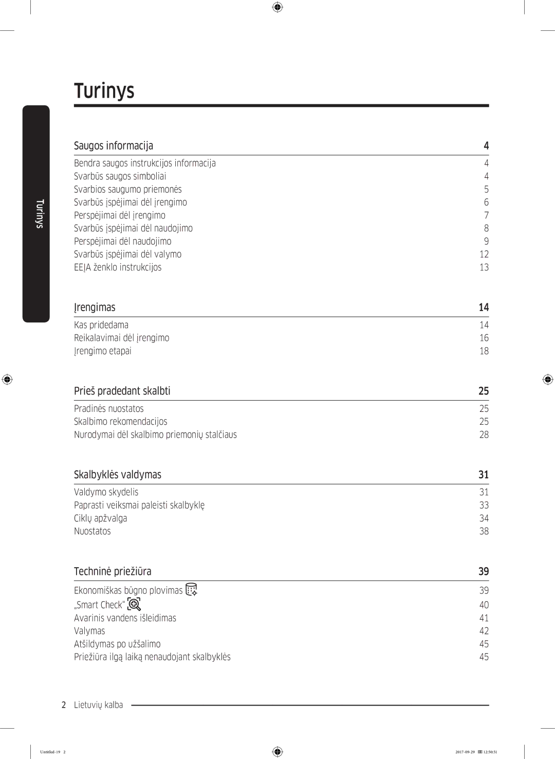 Samsung WW70J5355FW/AD, WW70J5355MW/AD manual Turinys 