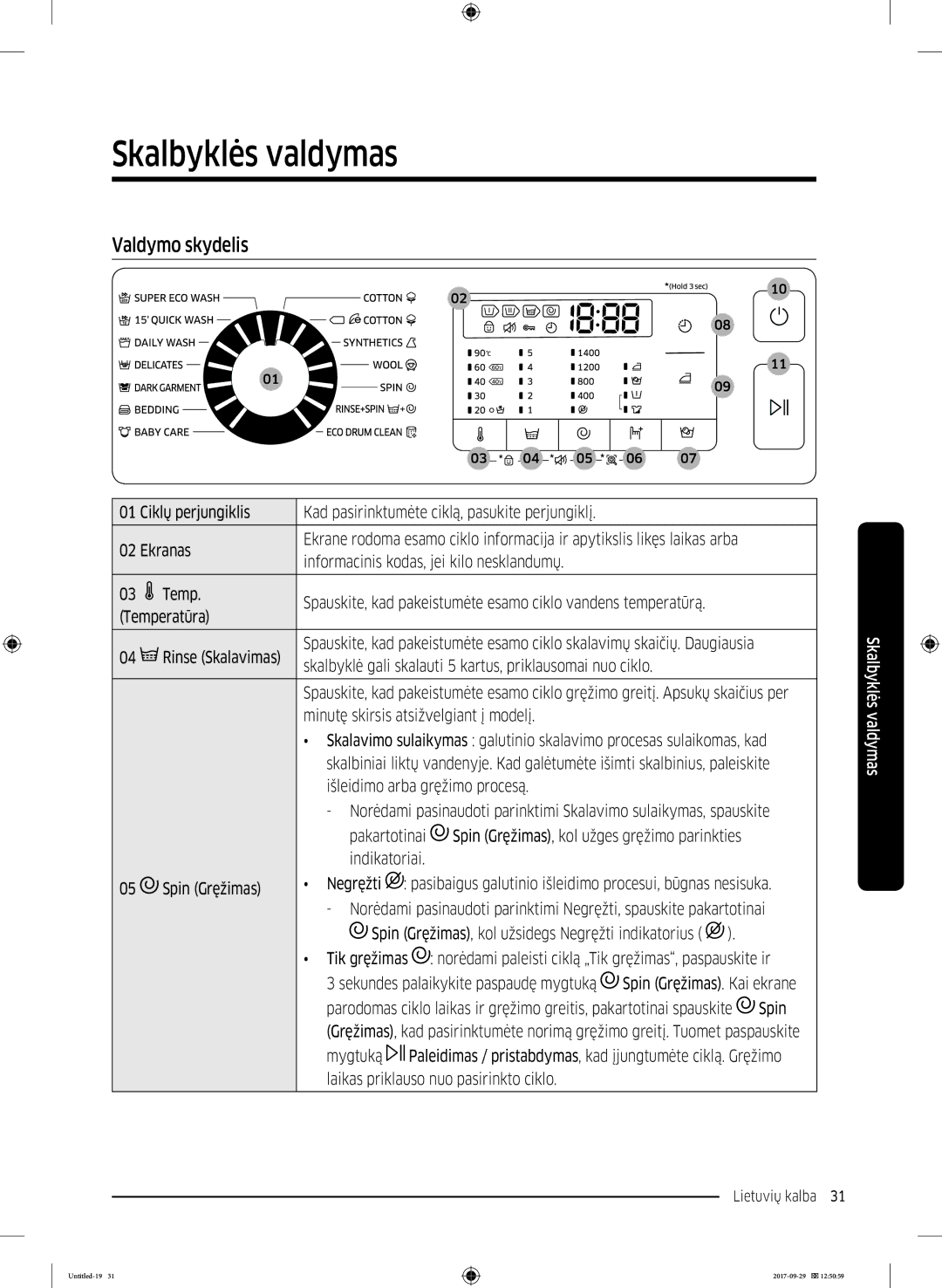 Samsung WW70J5355MW/AD, WW70J5355FW/AD manual Skalbyklės valdymas, Valdymo skydelis 