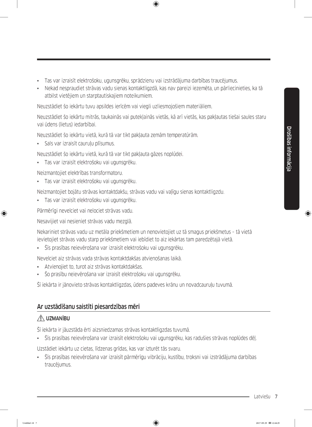 Samsung WW70J5355MW/AD, WW70J5355FW/AD manual Ar uzstādīšanu saistīti piesardzības mēri, Uzmanību 