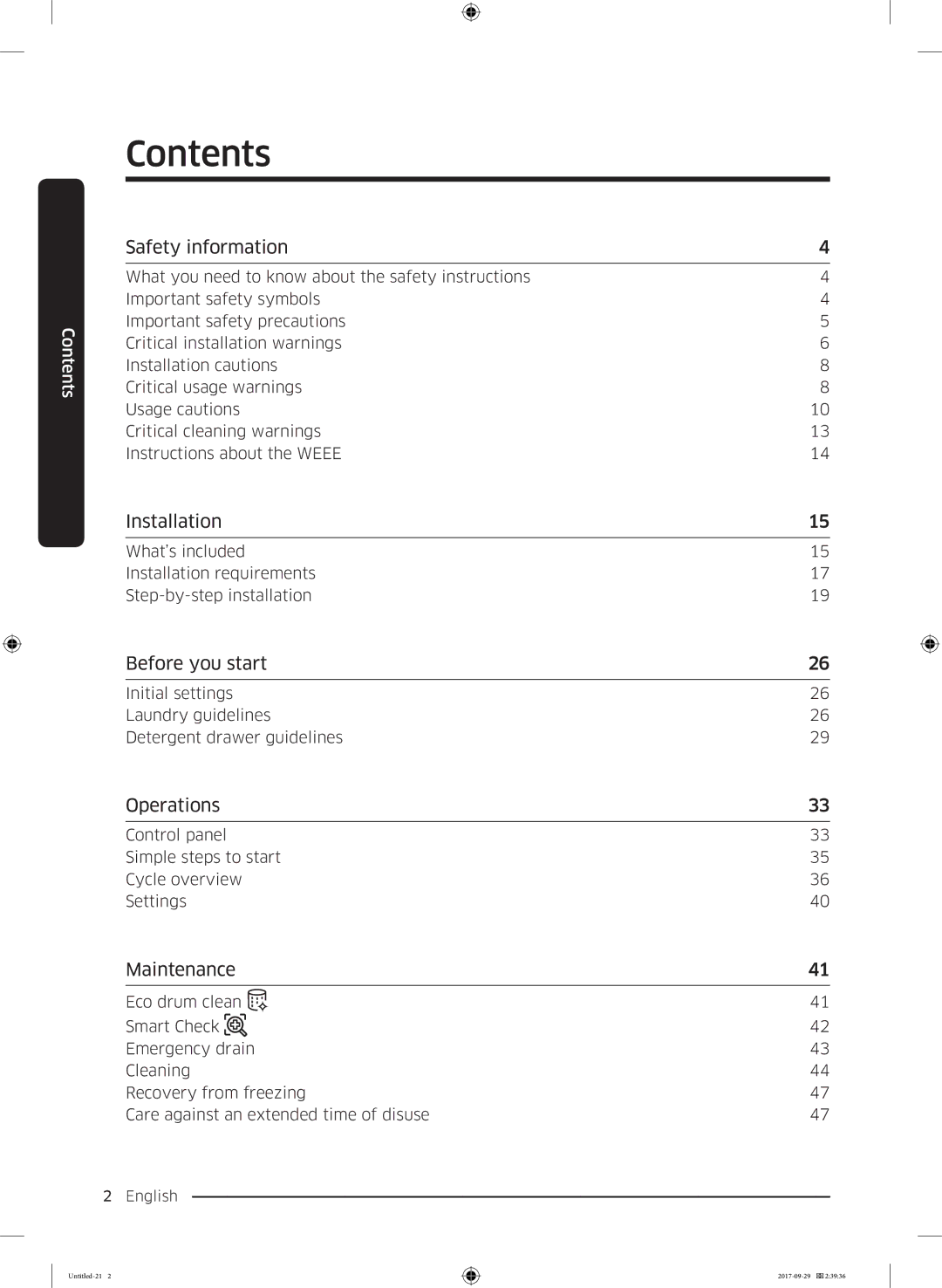 Samsung WW70J5355FW/AD, WW70J5355MW/AD manual Contents 