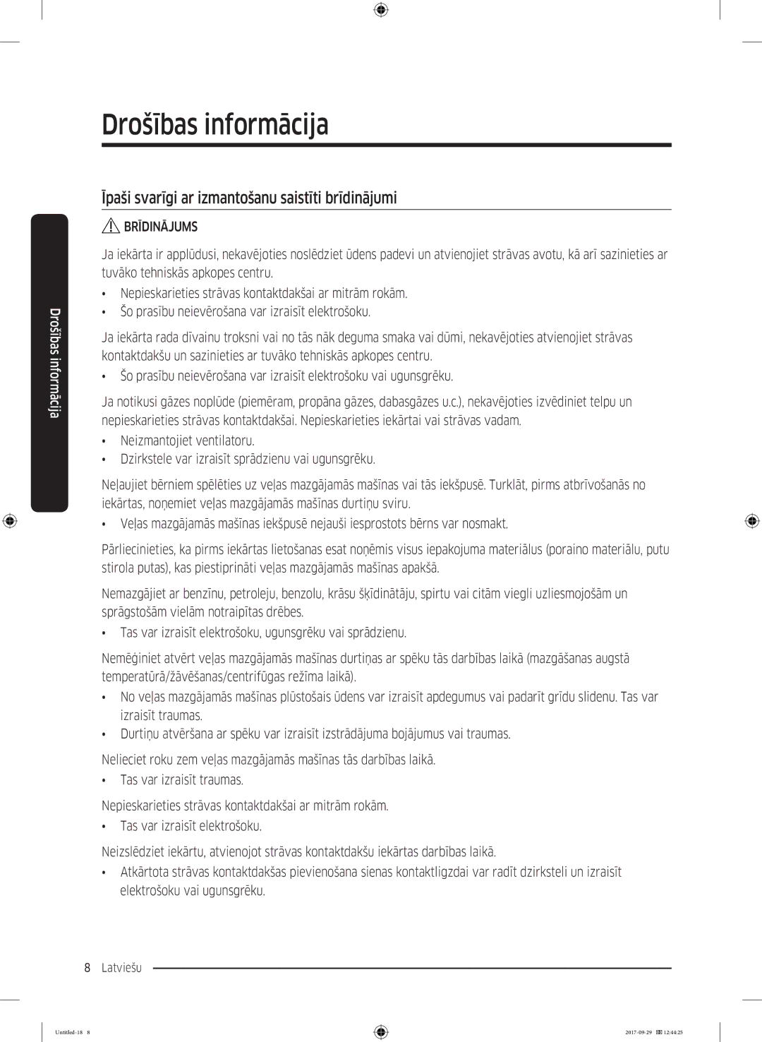 Samsung WW70J5355FW/AD, WW70J5355MW/AD manual Īpaši svarīgi ar izmantošanu saistīti brīdinājumi 