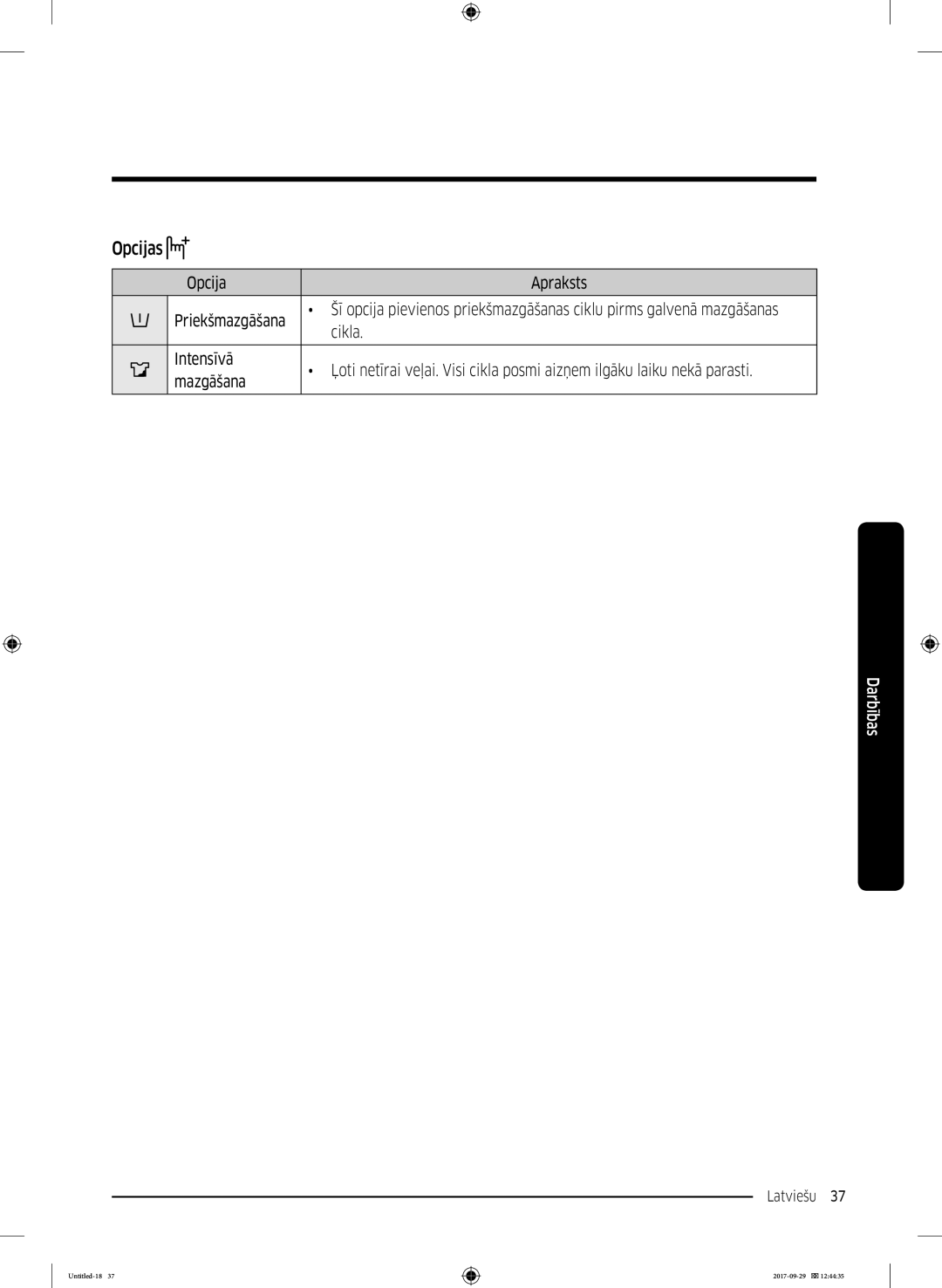 Samsung WW70J5355MW/AD, WW70J5355FW/AD manual Opcijas, Opcija Apraksts Priekšmazgāšana, Cikla 