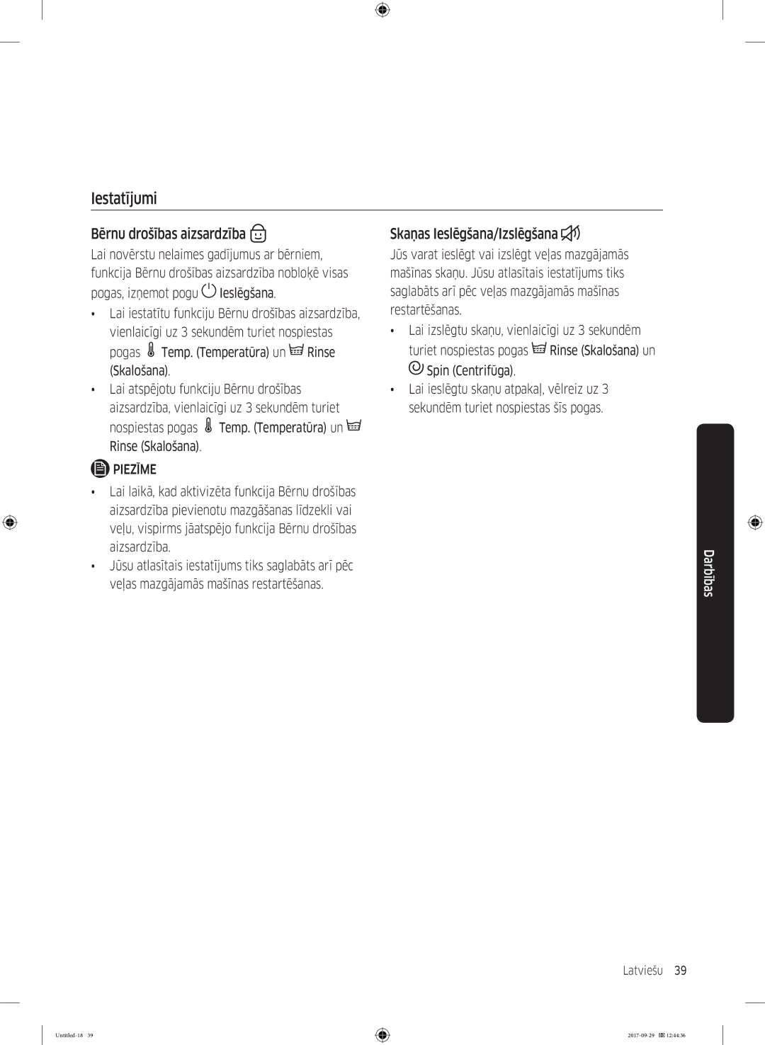 Samsung WW70J5355MW/AD, WW70J5355FW/AD manual Iestatījumi, Bērnu drošības aizsardzība, Skaņas Ieslēgšana/Izslēgšana 