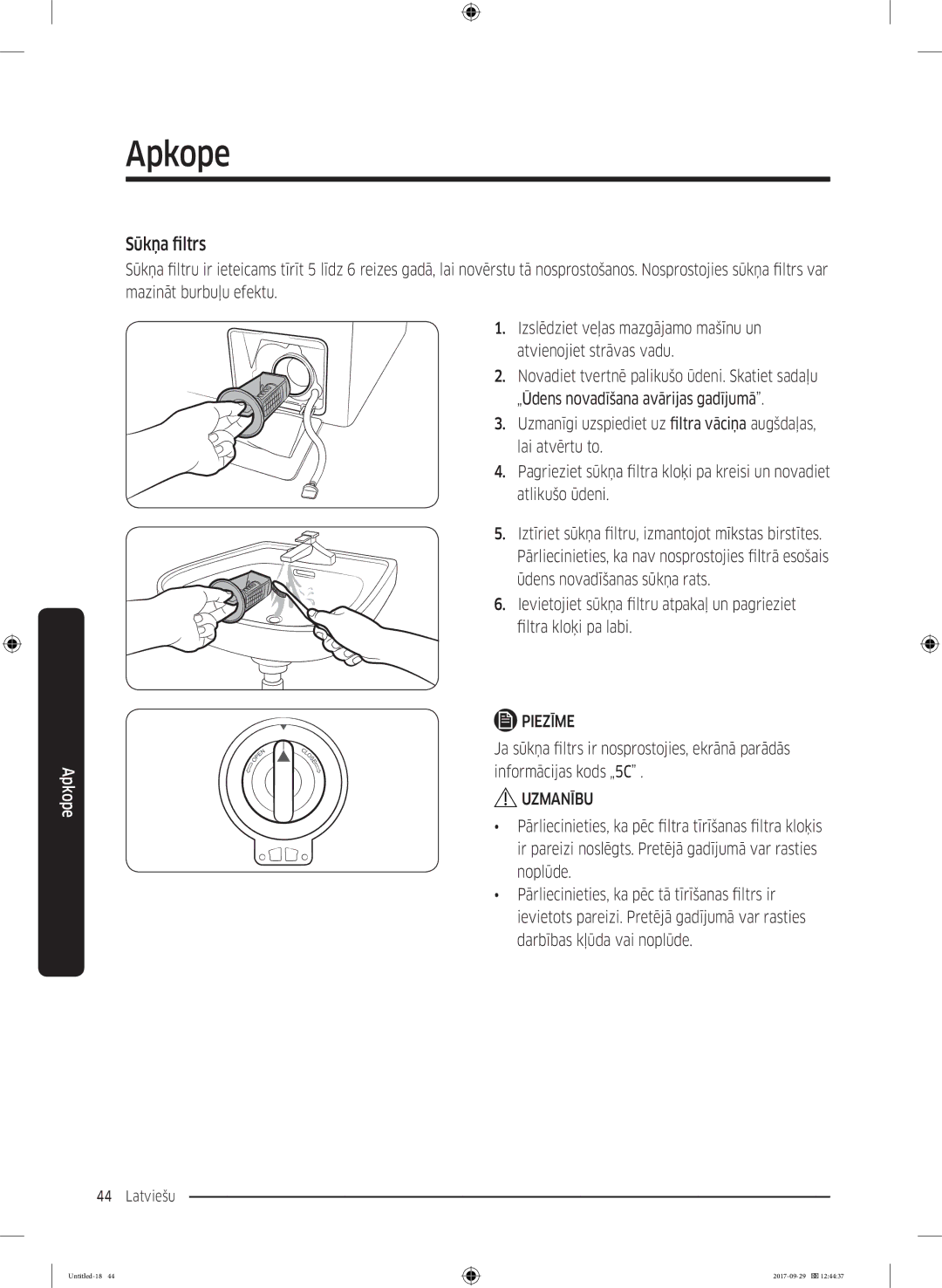 Samsung WW70J5355FW/AD, WW70J5355MW/AD manual Sūkņa filtrs, Uzmanību 