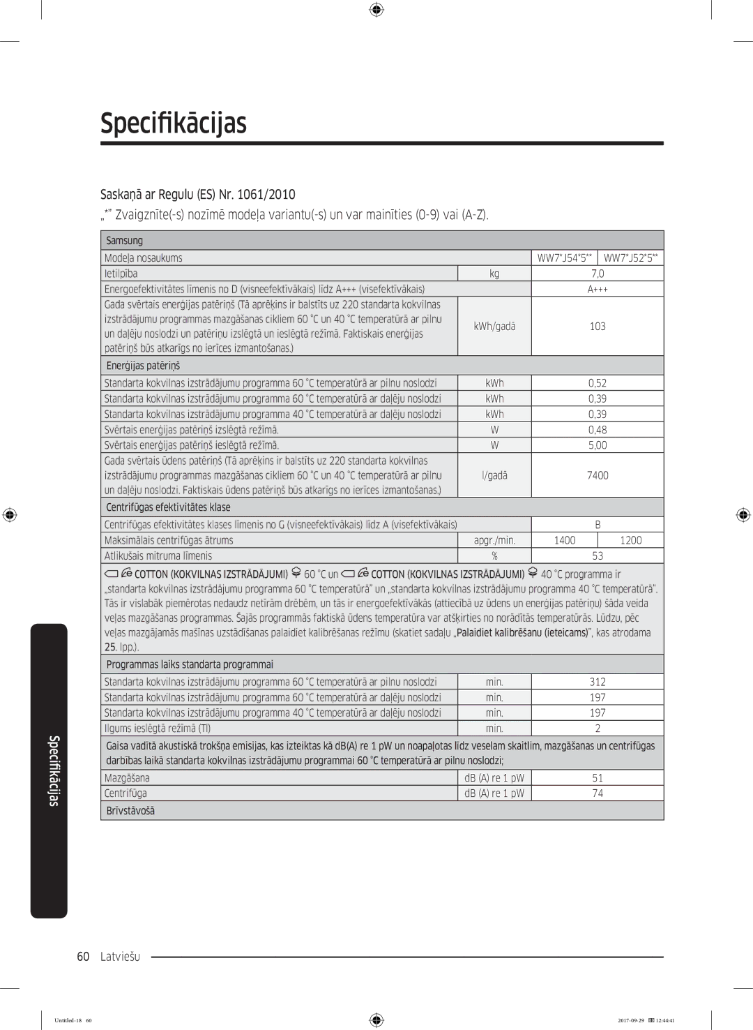 Samsung WW70J5355FW/AD, WW70J5355MW/AD manual Temperatūrā ar pilnu noslodzi Min 312 