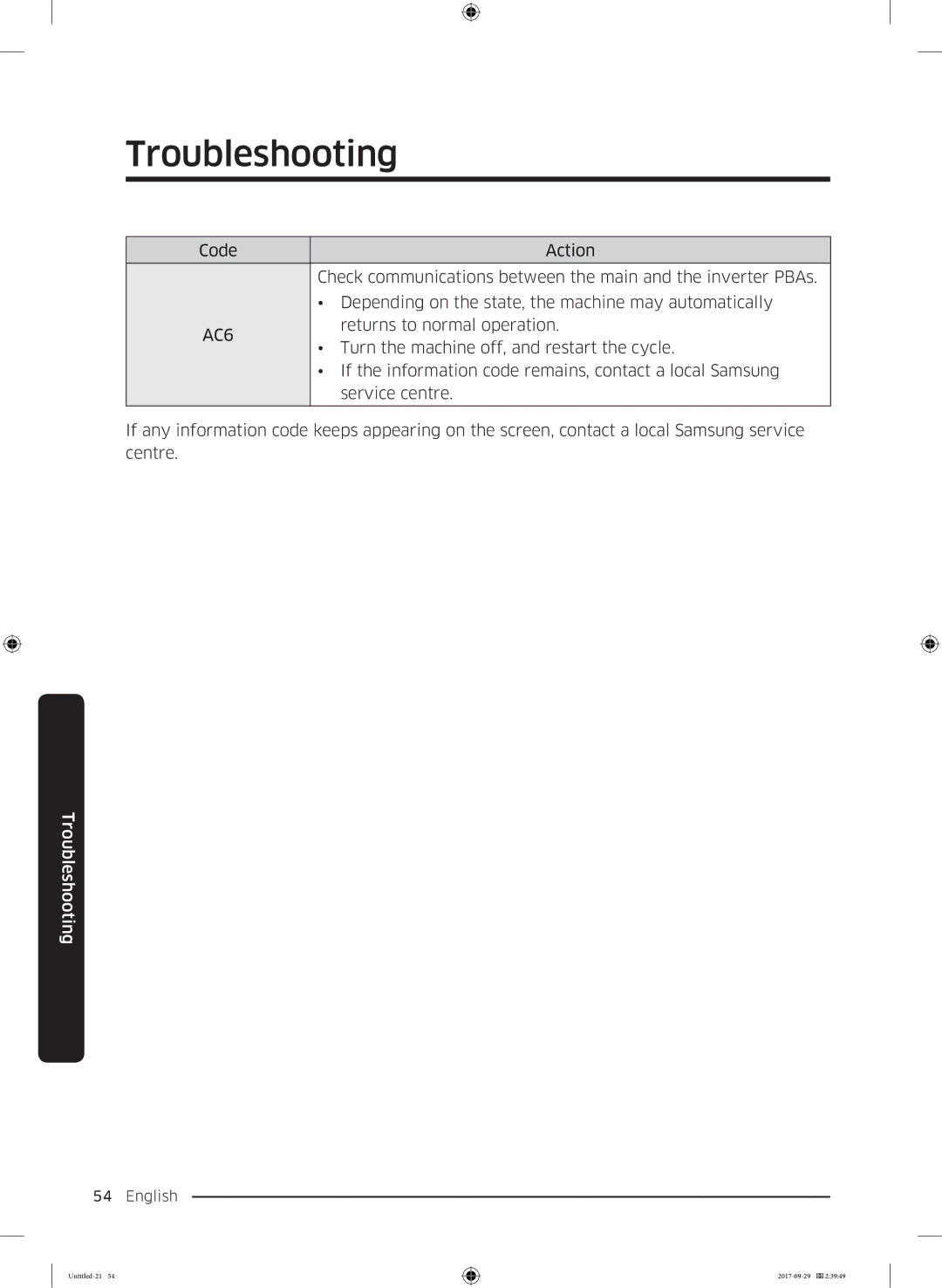 Samsung WW70J5355FW/AD, WW70J5355MW/AD manual AC6, Returns to normal operation 