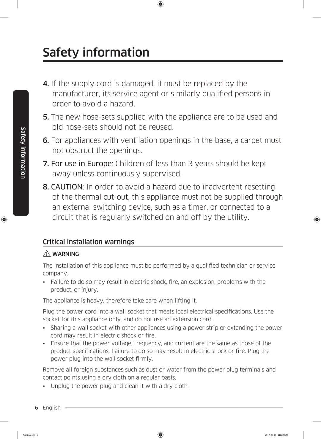 Samsung WW70J5355FW/AD, WW70J5355MW/AD manual Critical installation warnings 