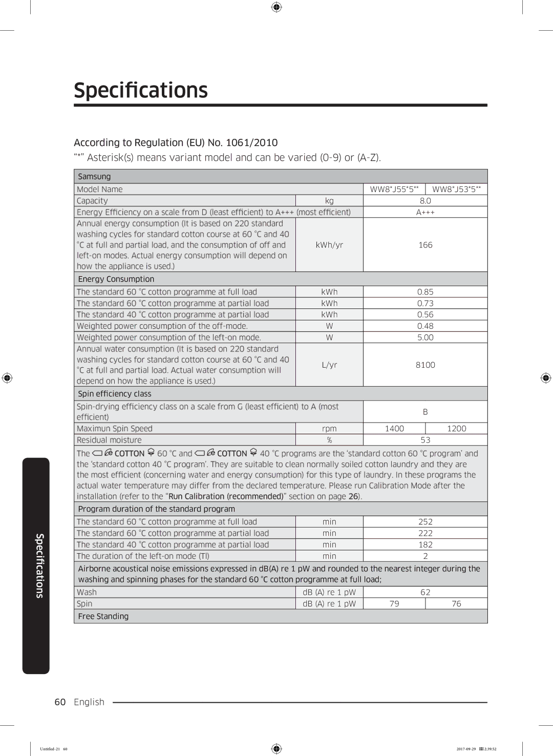 Samsung WW70J5355FW/AD, WW70J5355MW/AD manual Specifications 