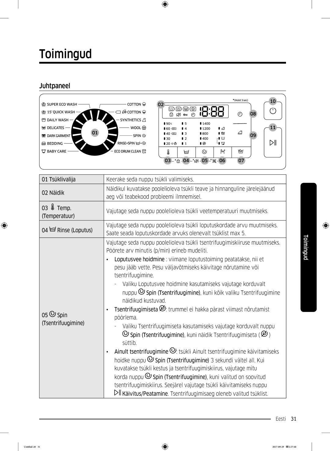 Samsung WW70J5355MW/AD, WW70J5355FW/AD manual Toimingud, Juhtpaneel, Temperatuur Rinse Loputus 