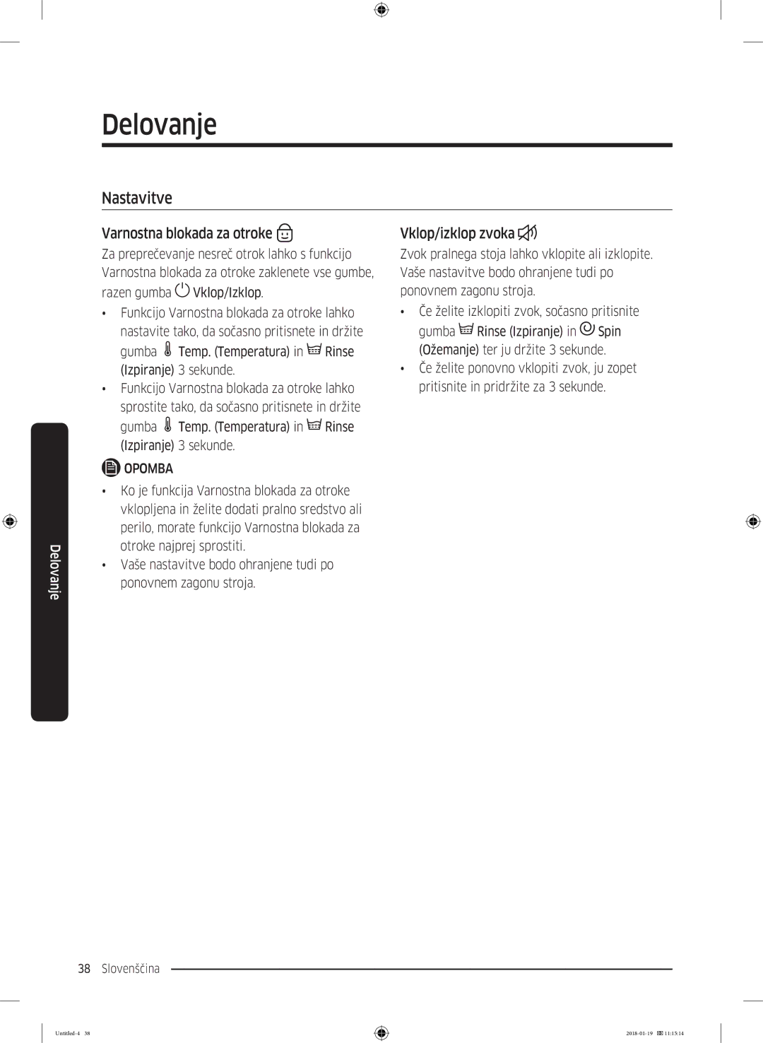 Samsung WW70J5355FW/AD, WW70J5355MW/AD manual Nastavitve, Varnostna blokada za otroke, Vklop/izklop zvoka 