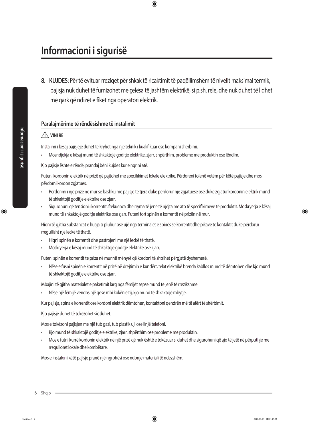 Samsung WW70J5355FW/AD, WW70J5355MW/AD manual Paralajmërime të rëndësishme të instalimit 