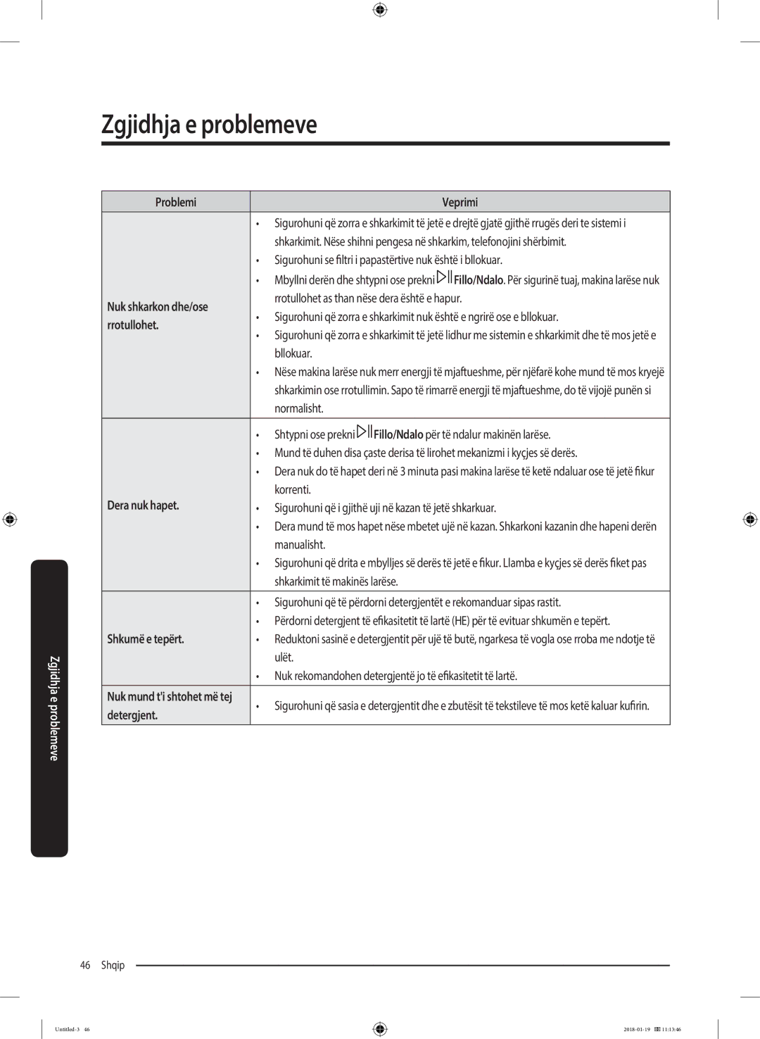 Samsung WW70J5355FW/AD, WW70J5355MW/AD manual Nuk shkarkon dhe/ose, Rrotullohet, Dera nuk hapet, Shkumë e tepërt 