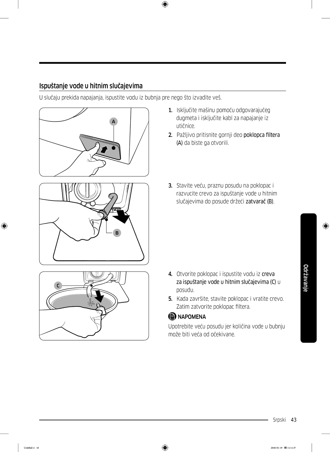 Samsung WW70J5355MW/AD, WW70J5355FW/AD manual Ispuštanje vode u hitnim slučajevima 