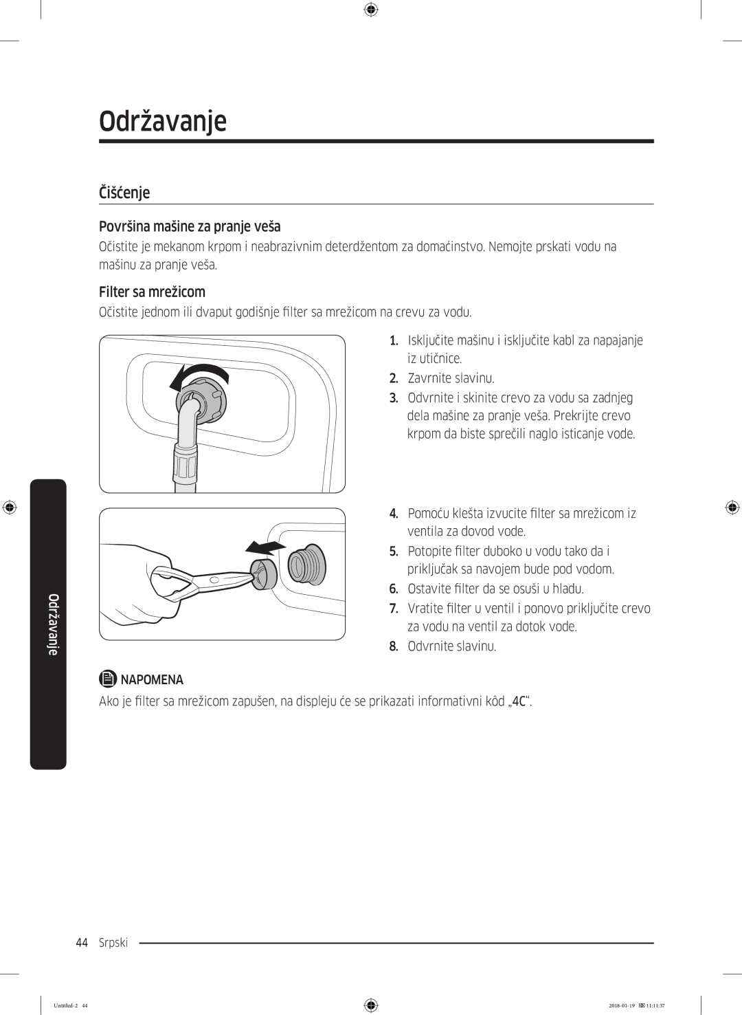 Samsung WW70J5355FW/AD, WW70J5355MW/AD manual Površina mašine za pranje veša, Filter sa mrežicom 