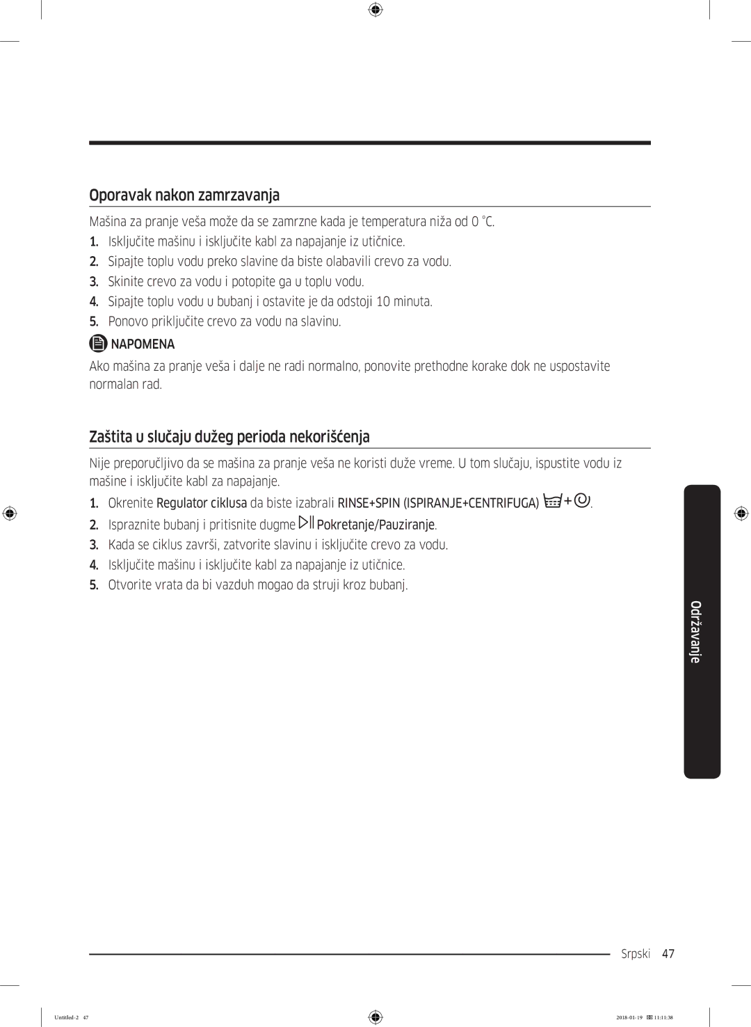 Samsung WW70J5355MW/AD, WW70J5355FW/AD manual Oporavak nakon zamrzavanja, Zaštita u slučaju dužeg perioda nekorišćenja 