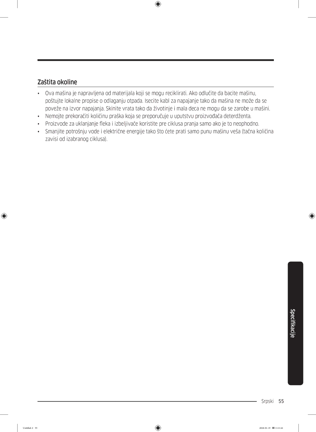 Samsung WW70J5355MW/AD, WW70J5355FW/AD manual Zaštita okoline 