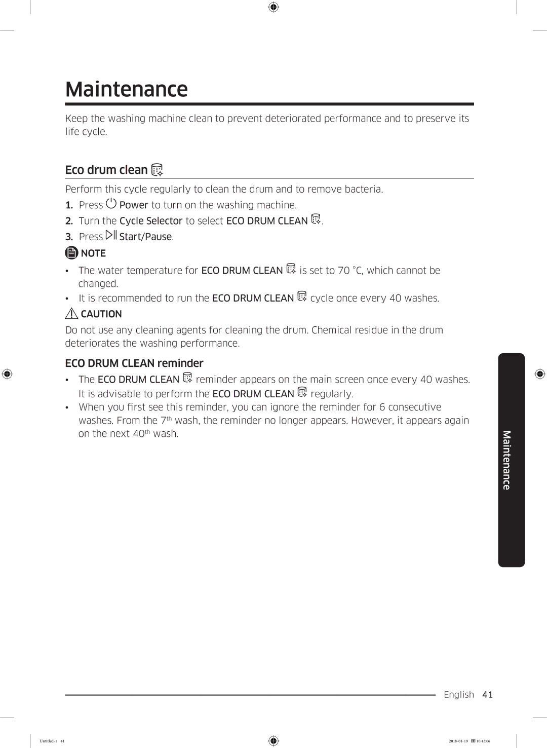 Samsung WW70J5355MW/AD, WW70J5355FW/AD manual Maintenance, Eco drum clean, ECO Drum Clean reminder 