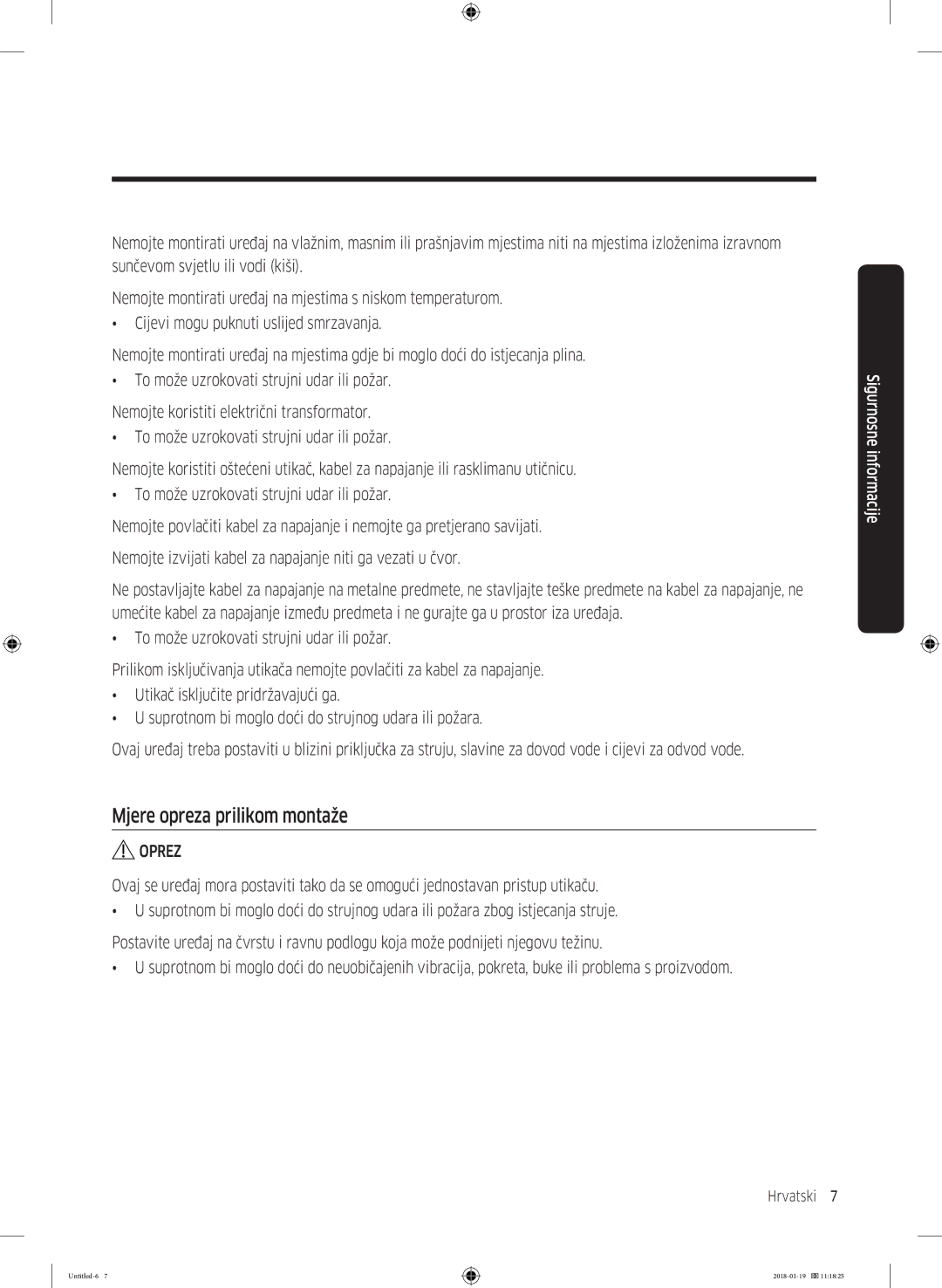 Samsung WW70J5355MW/AD, WW70J5355FW/AD manual Mjere opreza prilikom montaže 