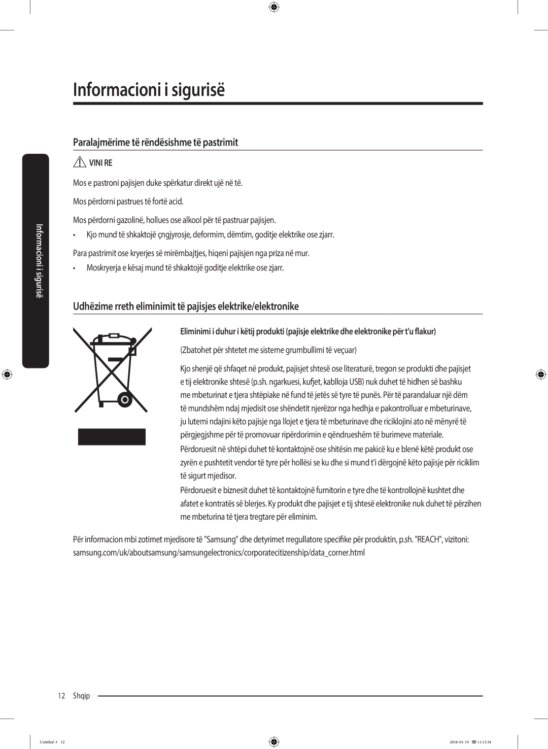 Samsung WW70J5355FW/AD, WW70J5355MW/AD manual Paralajmërime të rëndësishme të pastrimit 