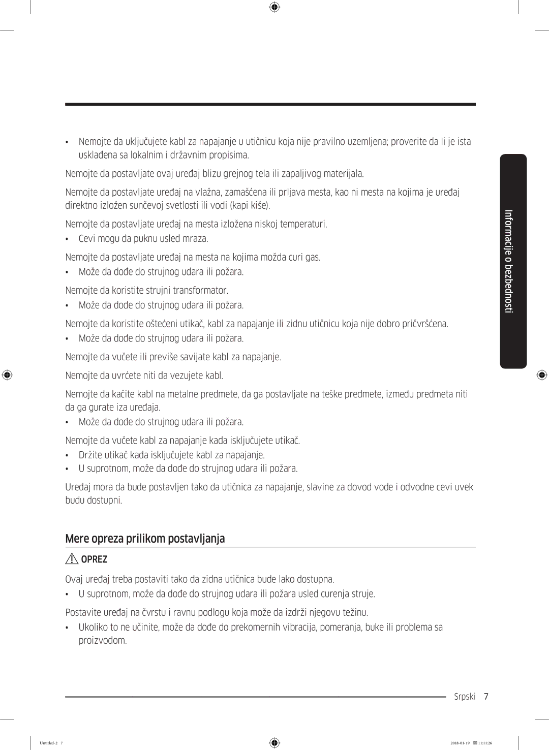 Samsung WW70J5355FW/AD, WW70J5355MW/AD manual Mere opreza prilikom postavljanja 